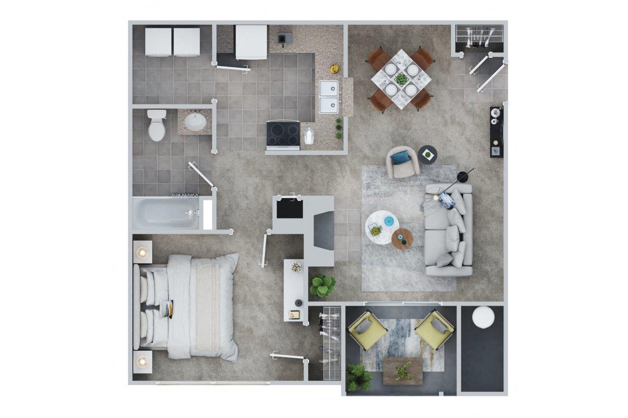Floor plan for 1 bed, 1 bath, 744 sqft